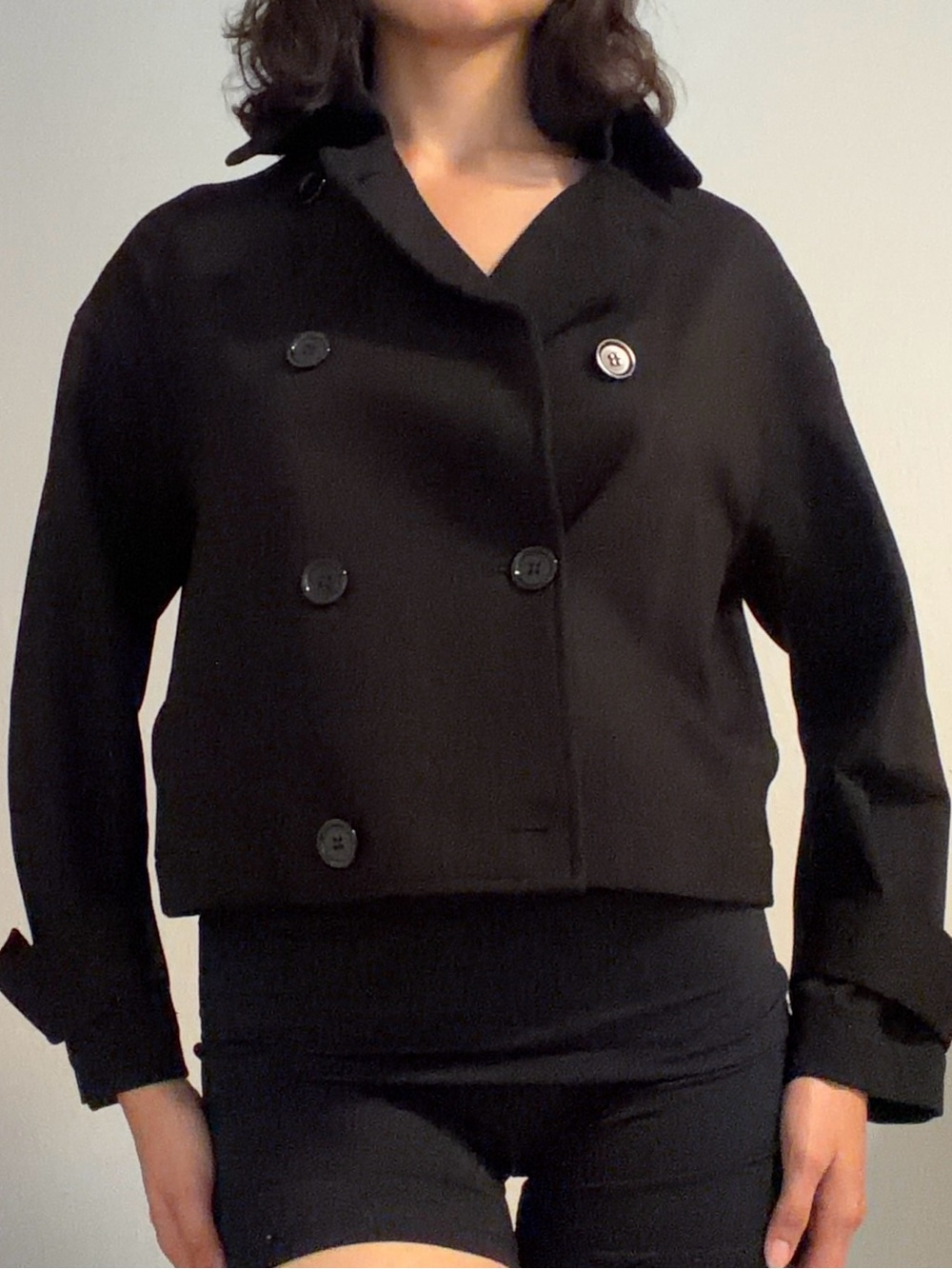 Max Studio Black Double-Breasted Cropped Pea Coat